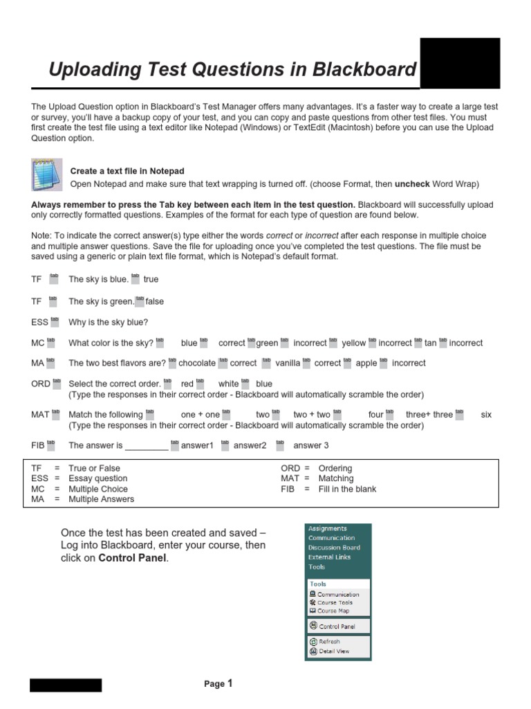 Uploading Test Questions in Blackboard Create A Text File in Notepad