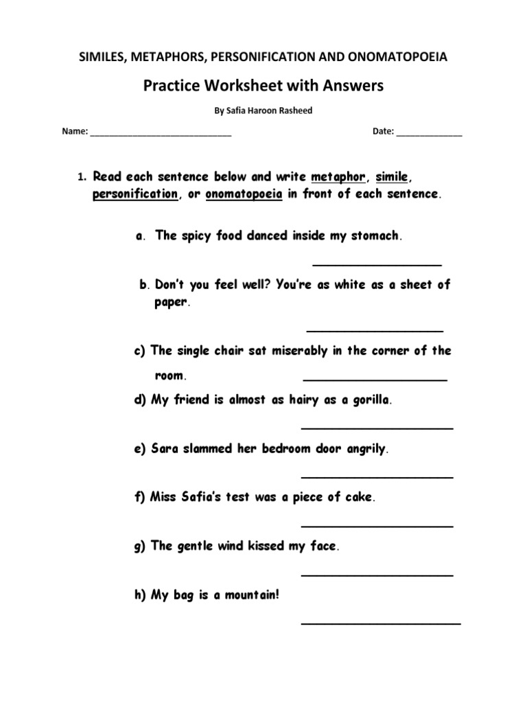 Practice Worksheet with Answers: Similes, Metaphors, Personification