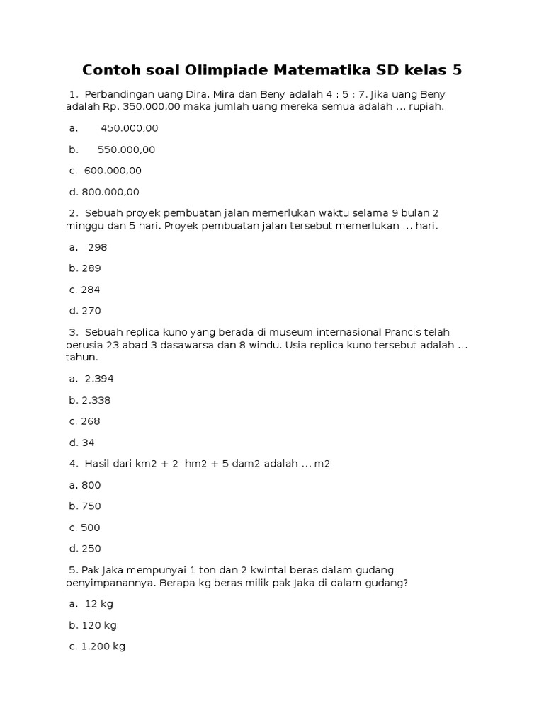 Contoh Soal Olimpiade Matematika SD Kelas 5