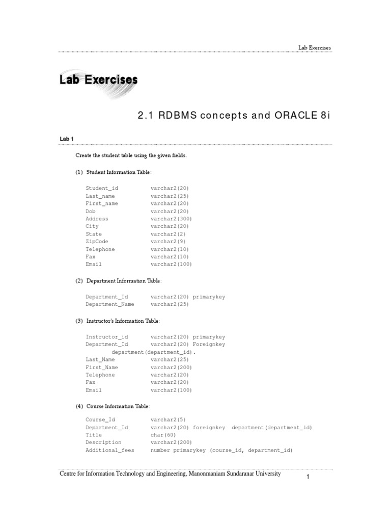 RDBMS Lab Exercises for Oracle 8i | PDF | Pl/Sql | Sql