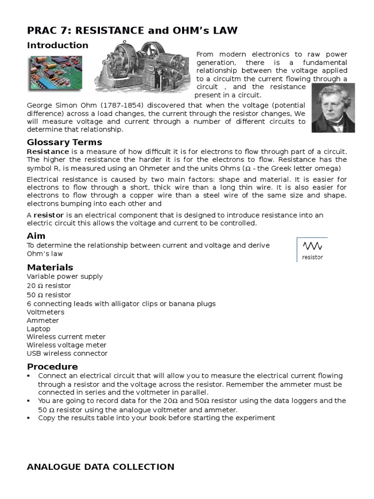 Prac 7 Resistance and Ohms Law | PDF | Voltage | Electrical Resistance ...