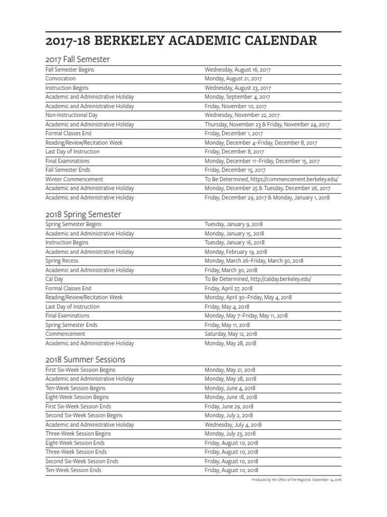 Academic Calendar Berkeley 2018 2019