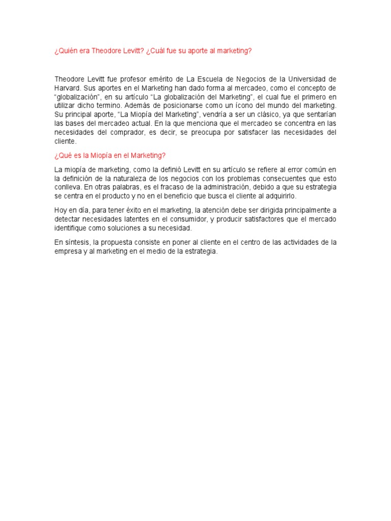 Aportes de Theodore Levitt al Marketing | PDF | Marketing | Ciencias ...