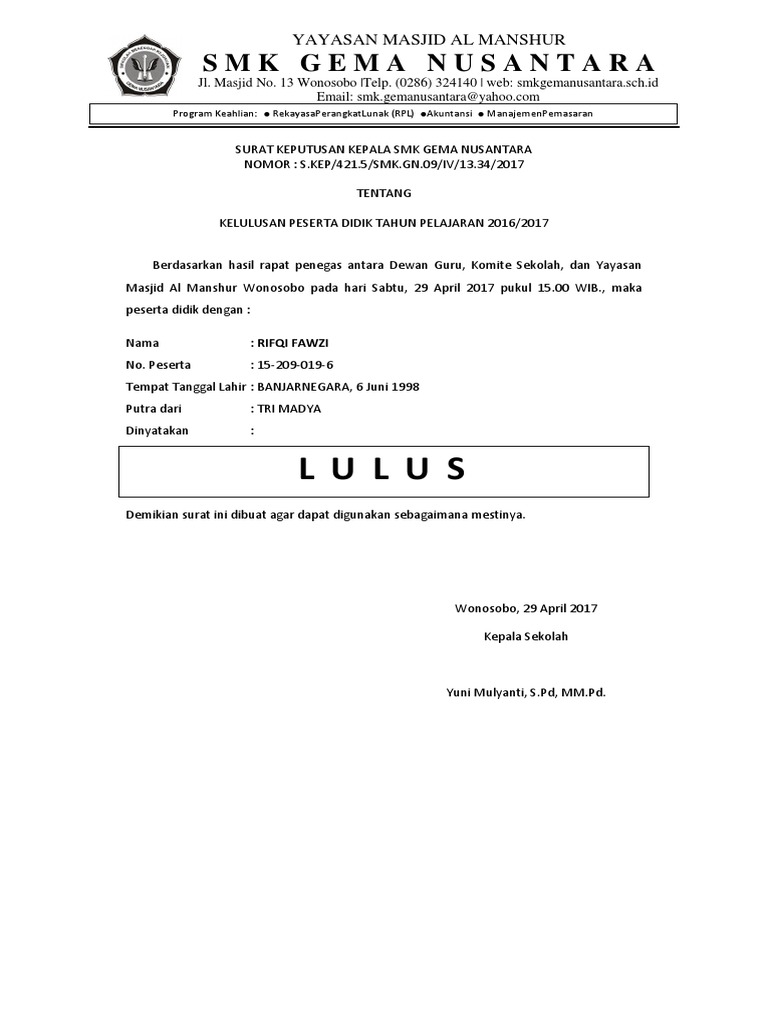 contoh laporan kelulusan SMK