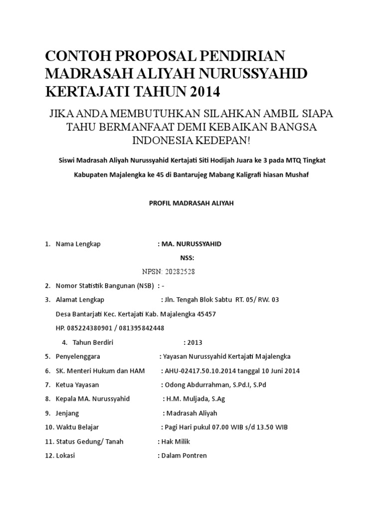 Contoh Proposal Pendirian Madrasah Aliyah Nurussyahid Kertajati Tahun 2014