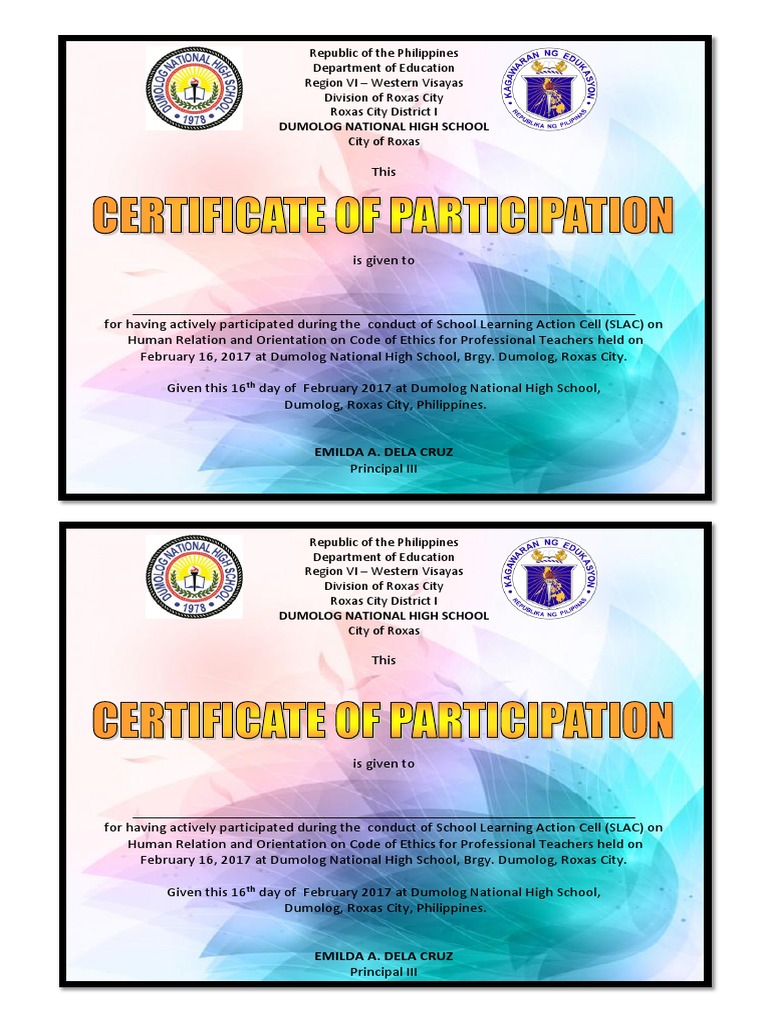 Certificate of Participation-Human Relation and Code of Ethics | PDF