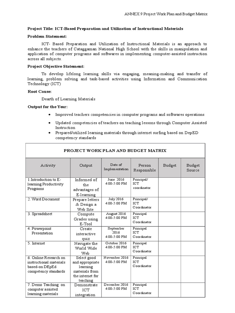 ICT Project Work Plan & Budget Matrix | PDF | Educational Technology ...