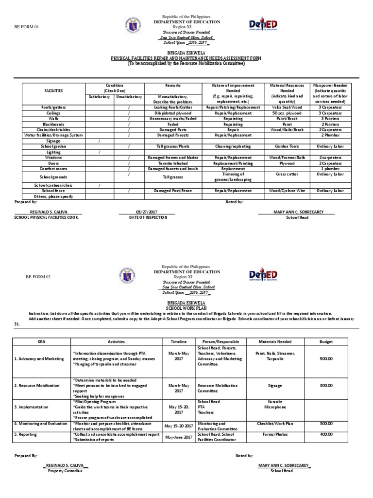 Brigada Eskwela Needs Assessment Form | PDF | Carpentry | Nature