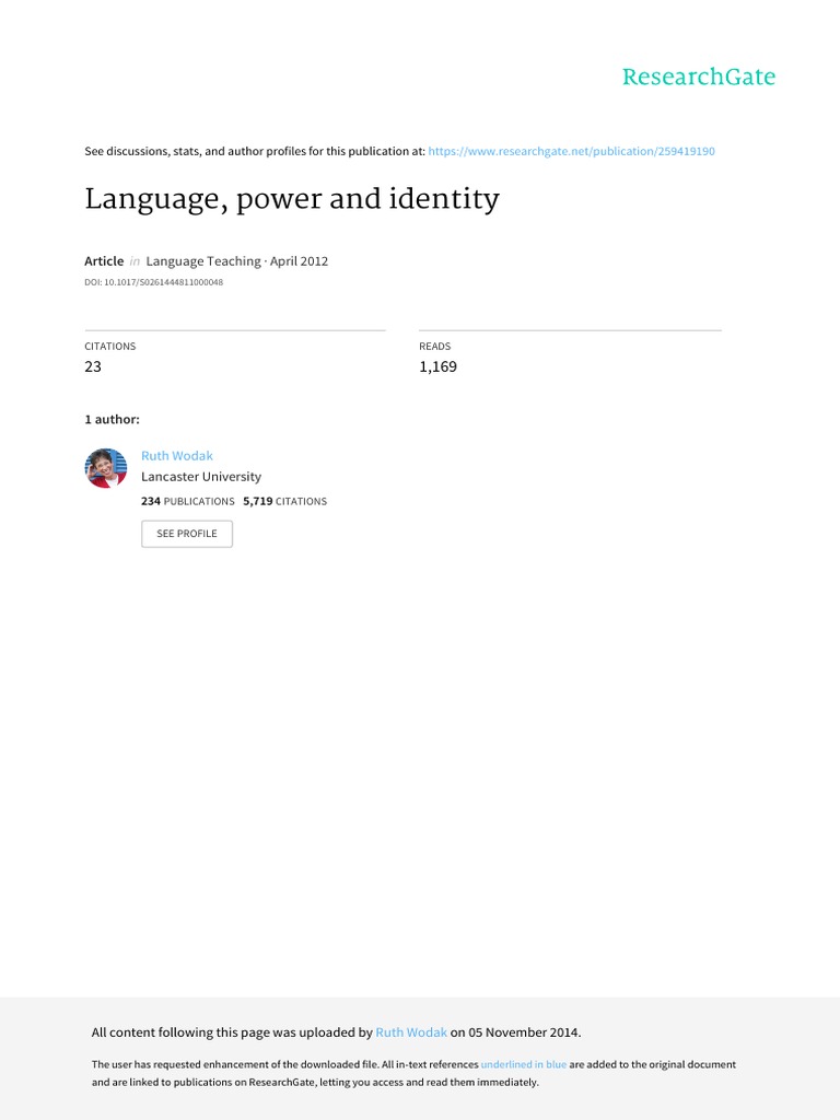 Language, PowerUIdentityWodakfinalLanguageTeaching PDF | PDF ...