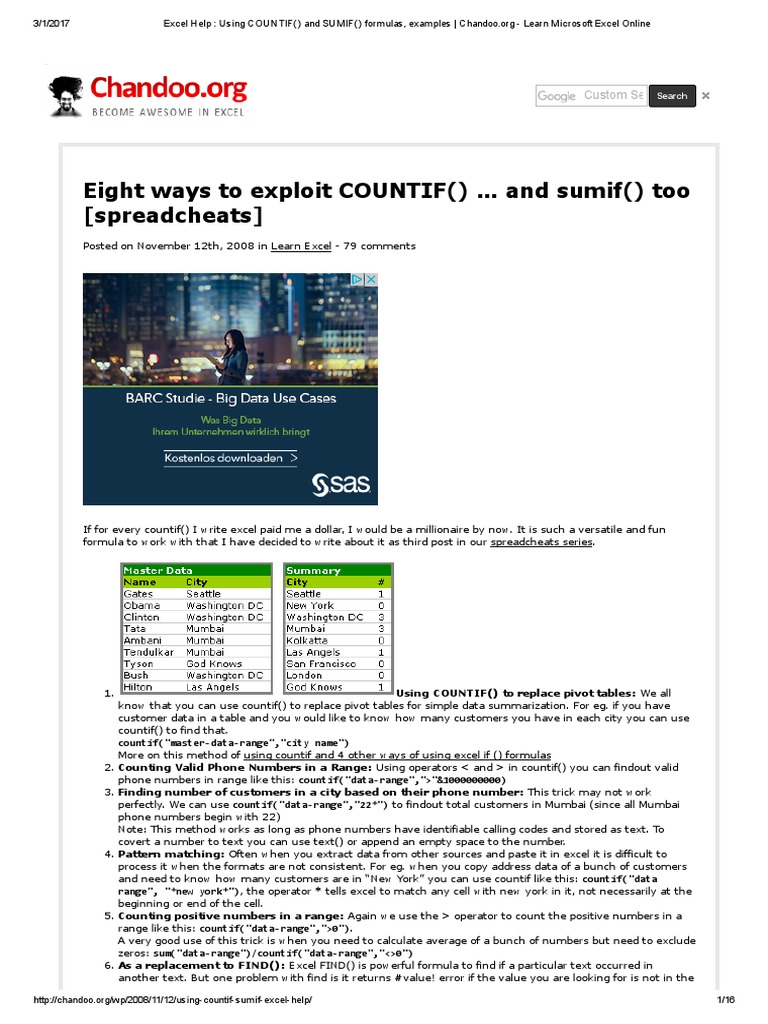 Countif and sumif formulas examples chandoo pdf microsoft excel
