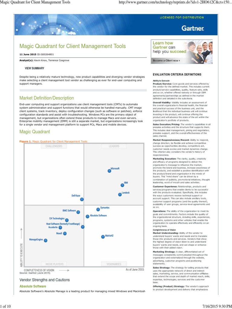 Magic Quadrant For Client Management Tools PDF Strategic Management