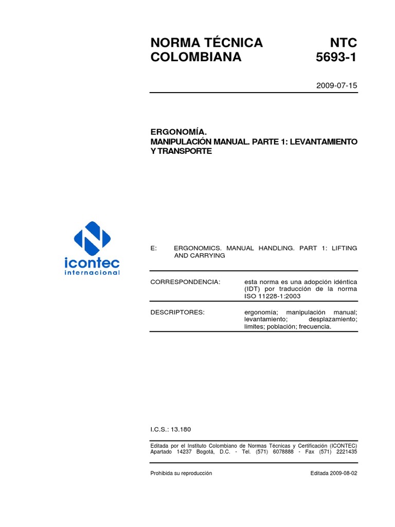 NTC 5693-1: Ergonomía en Manipulación Manual | PDF | Science ...