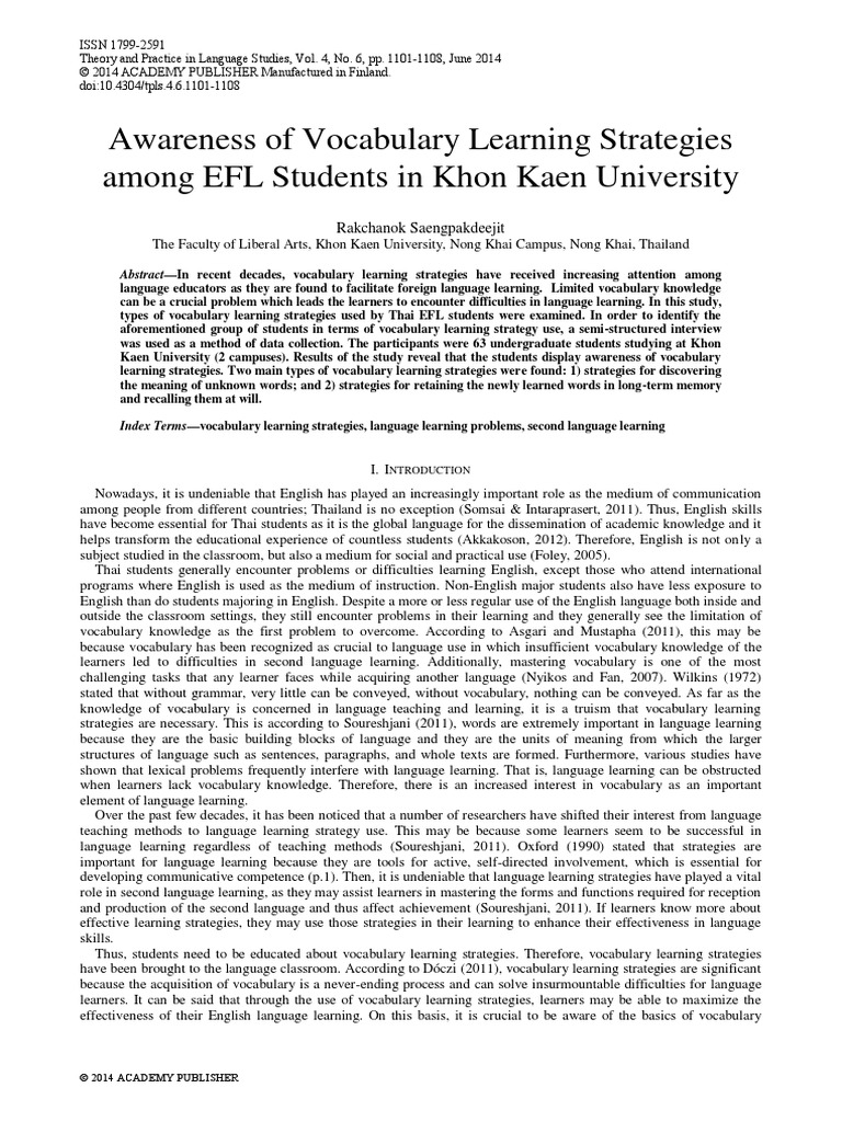 Awareness Of Vocabulary Learning Strategies PDF Vocabulary