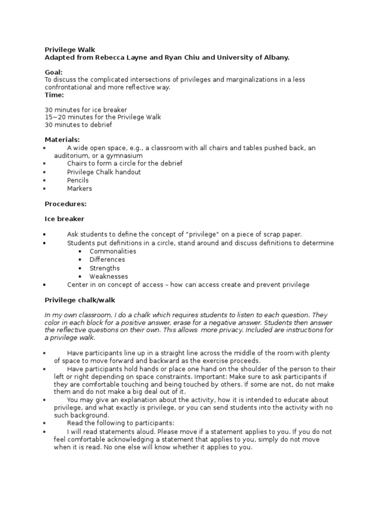 Privilege Walk Directions | PDF | Social Exclusion | Gender