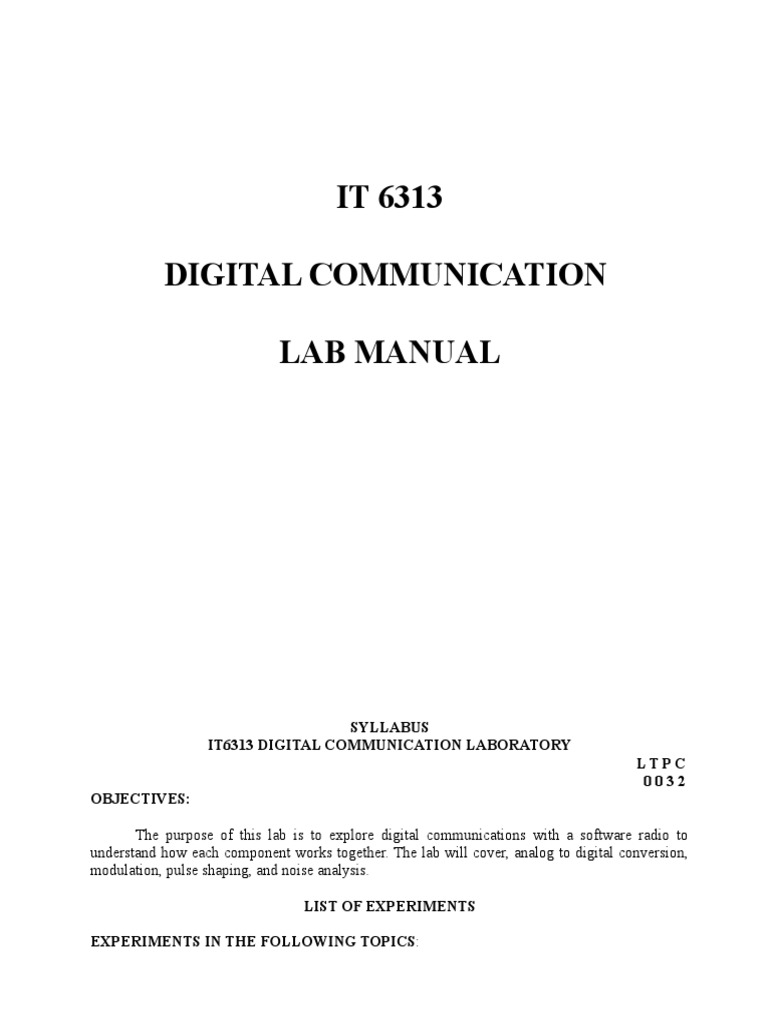 IT 6313 Digital Communication Lab Manual | PDF | Modulation | Sampling ...