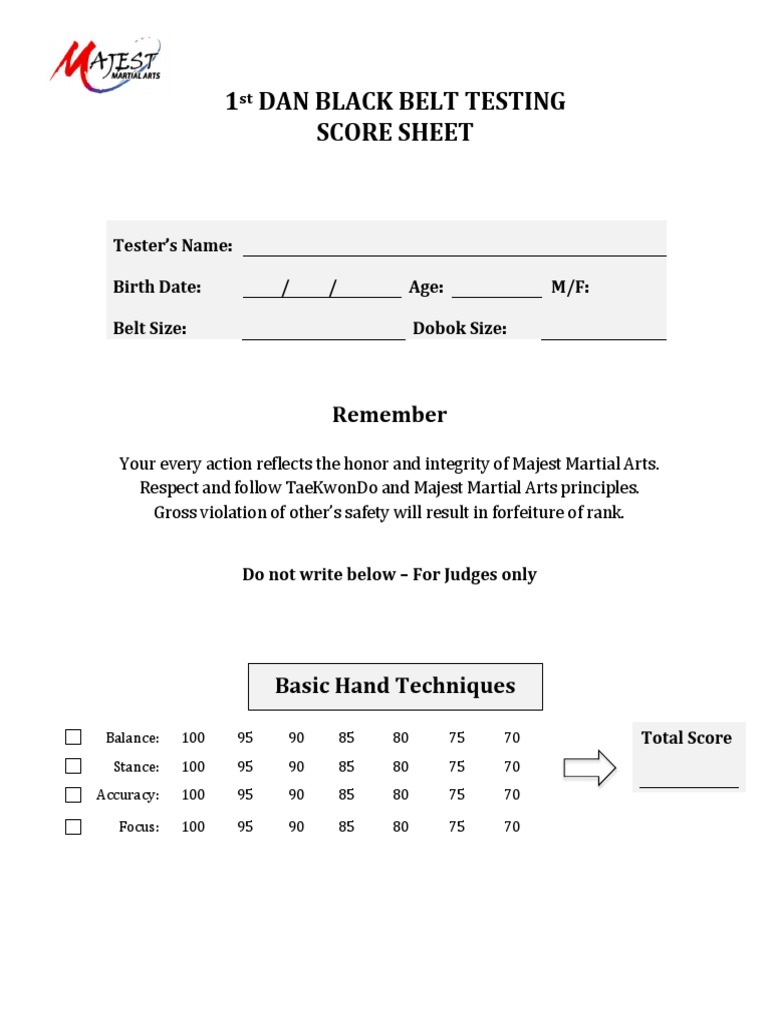 1st DAN Black Belt Testing Score Sheet Taekwondo Korean Martial Arts