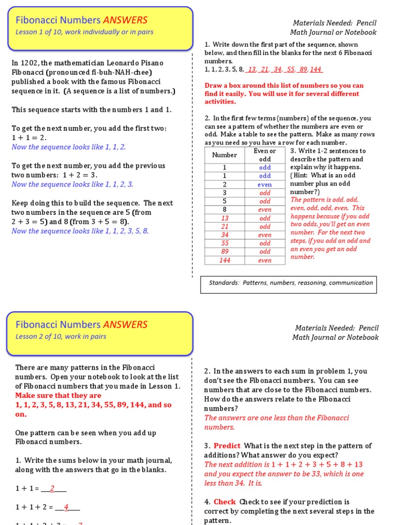 Fibonacci Answer Key Ratio Sequence