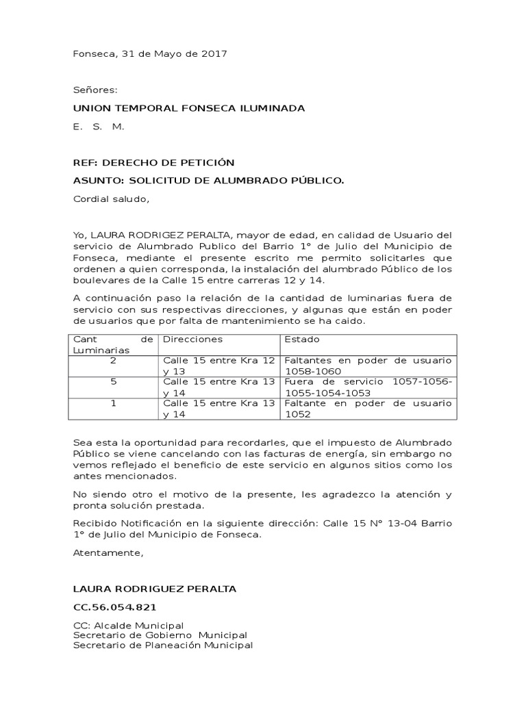 Derecho De Peticion Alumbrado