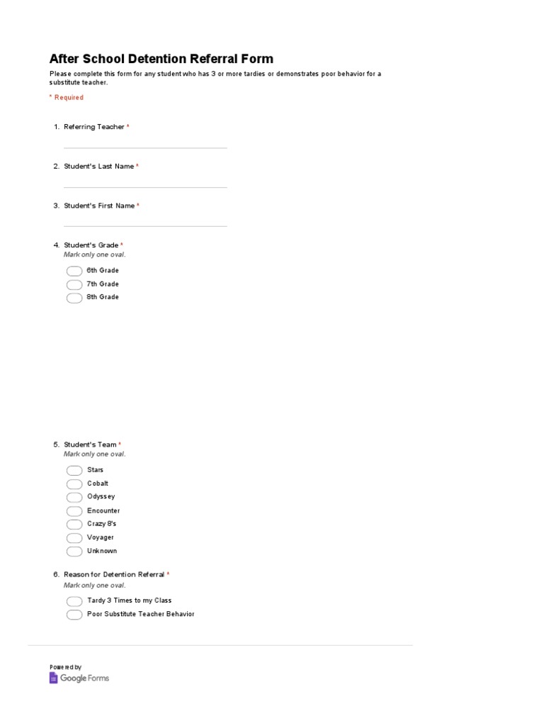 After School Detention Referral Form | PDF | Home & Garden