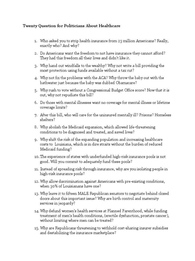 Questions for Politicians on Healthcare | PDF | Patient Protection And ...