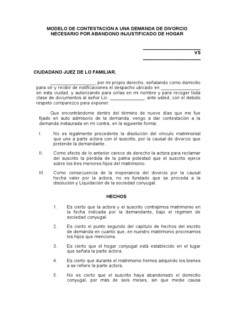 Modelo De Contestacion A Una Demanda De Divorcio Necesario Por