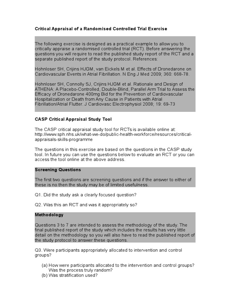RCT Critical Appraisal Exercise Guide | PDF | Randomized Controlled ...
