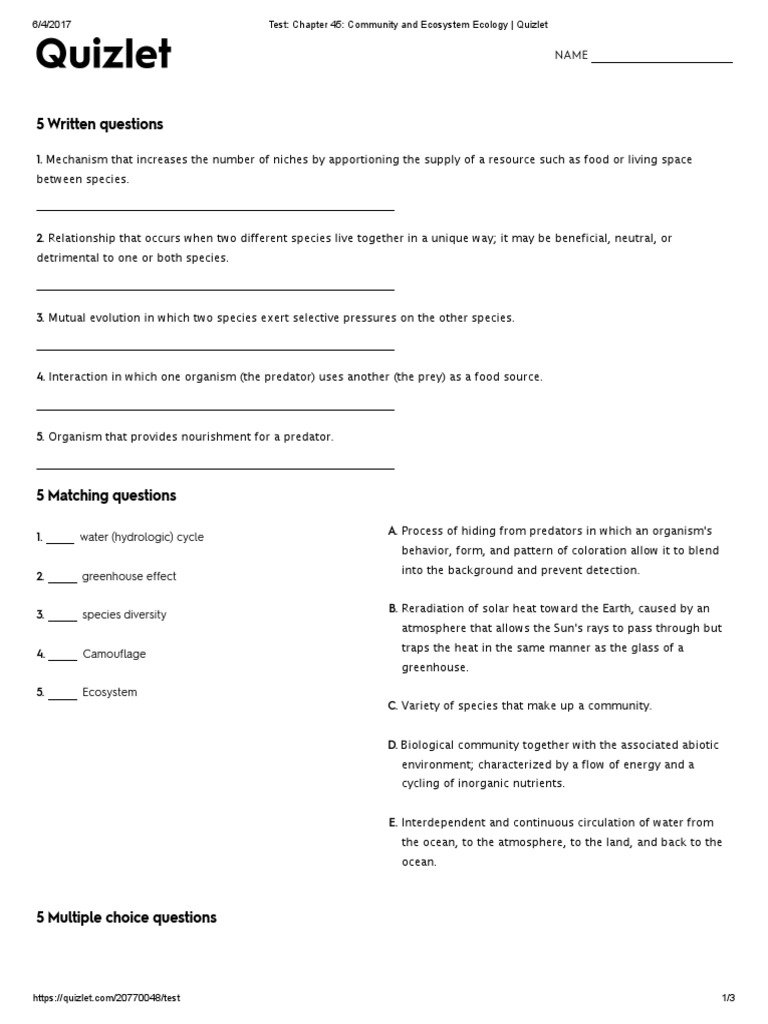 Test Chapter 45 Community and Ecosystem Ecology Quizlet PDF Food