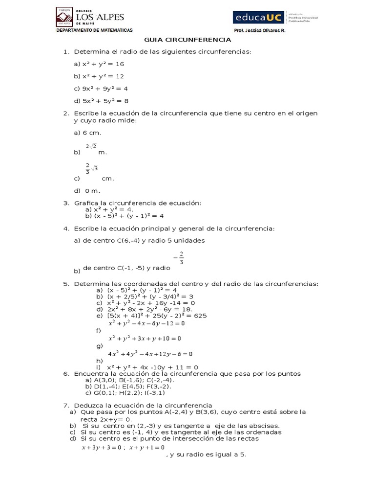 Guia 2 Circunferencia Pdf Circulo Tangente