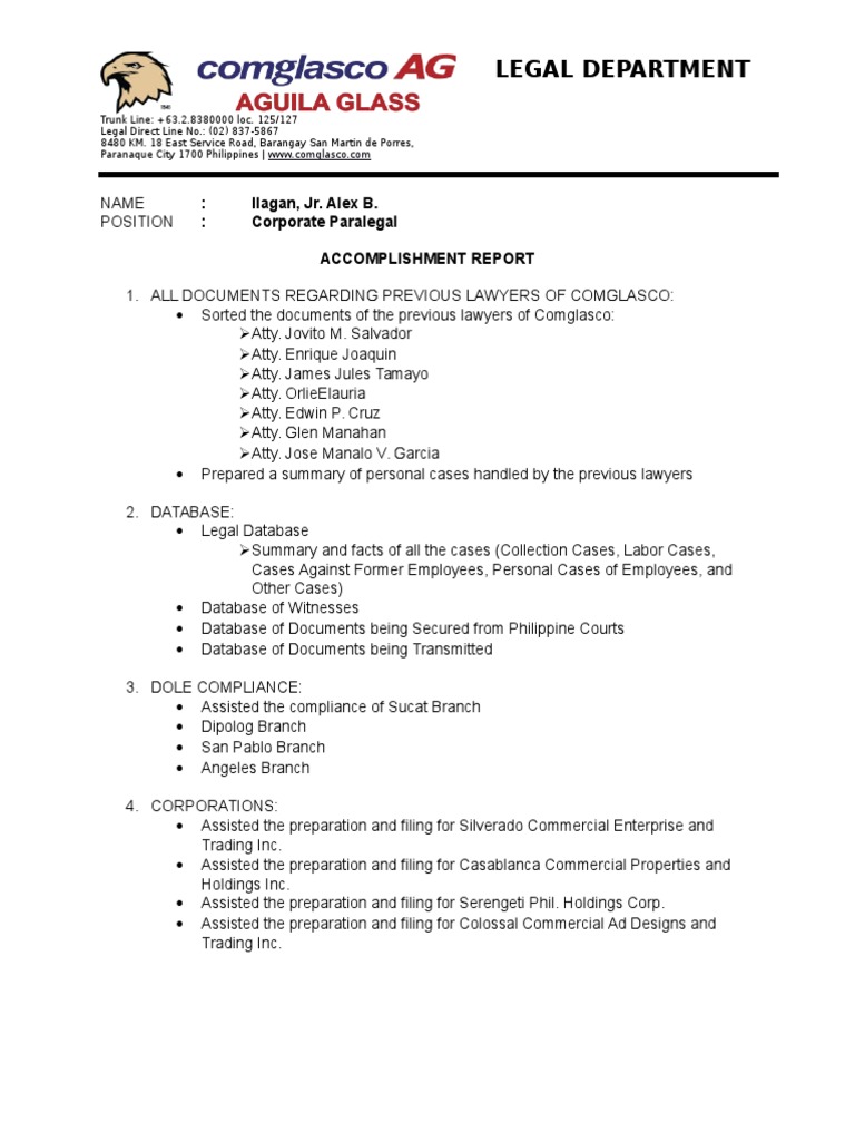 Comglasco Legal Department Accomplishments | PDF | Private Law | Business