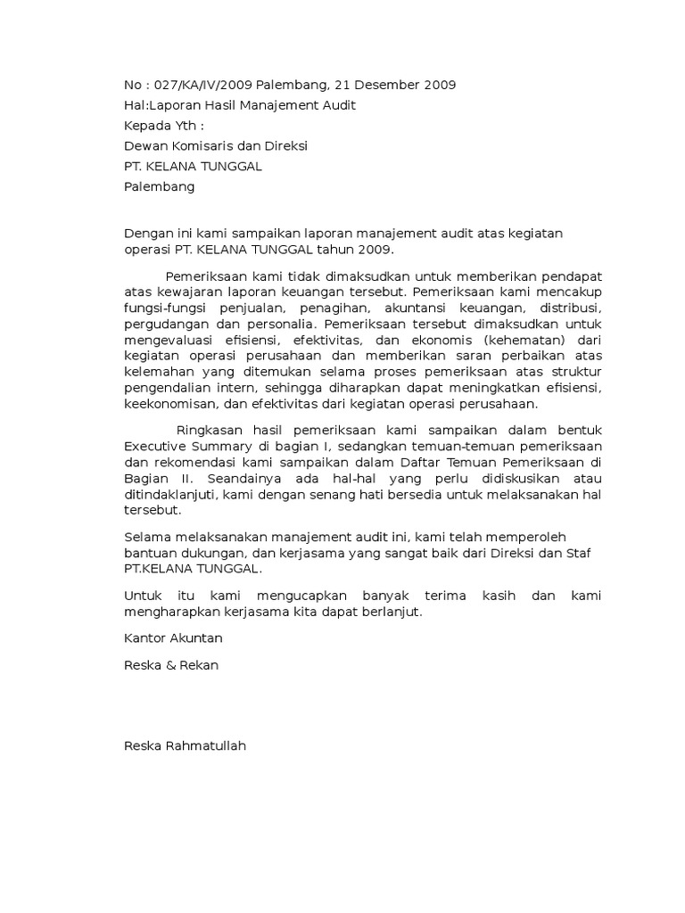 Laporan Audit Manajemen Pt Kelana Tunggal Audit Kinerja