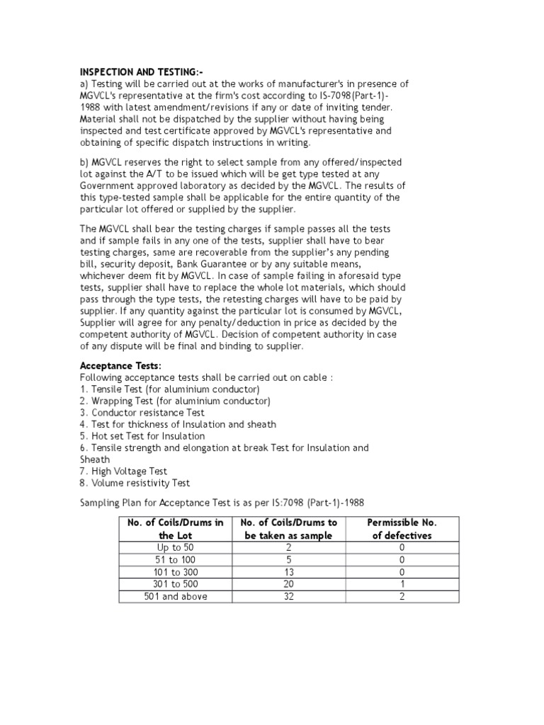 MGVCL Cable Inspection and Testing Protocol | PDF | Insulator ...