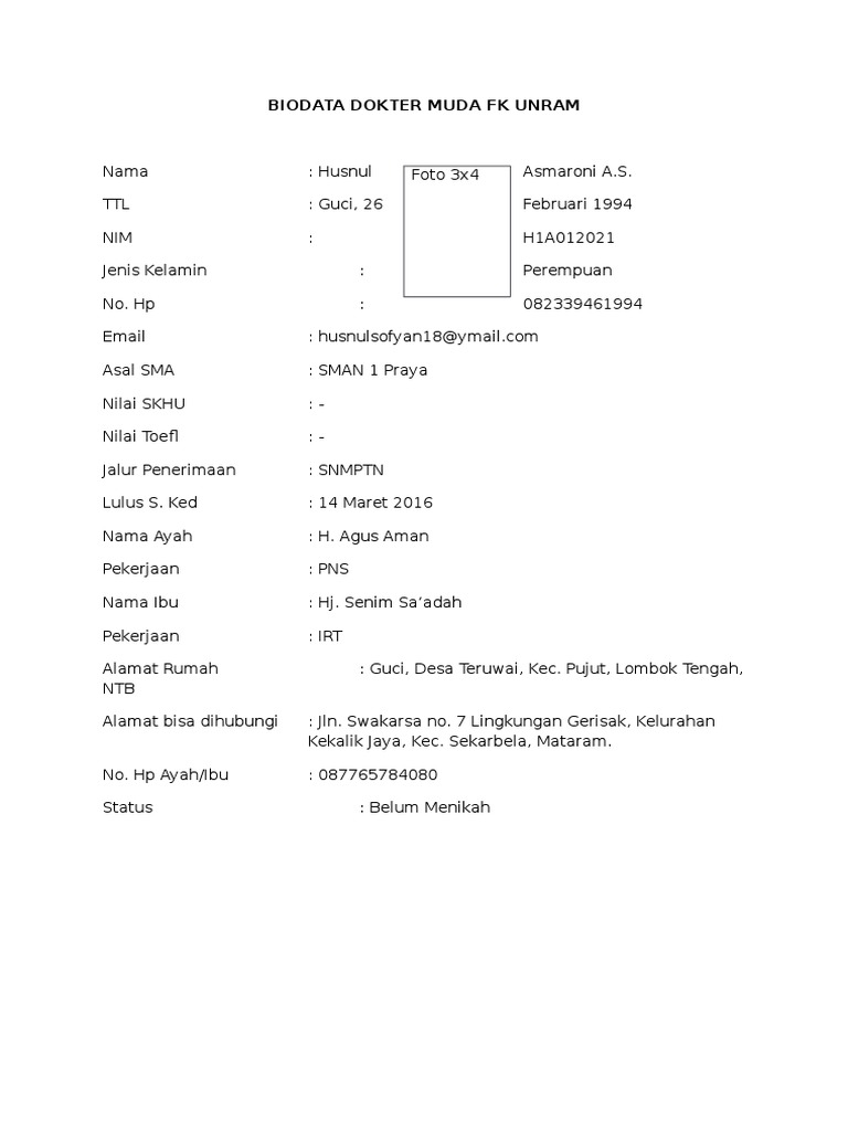 Biodata Dokter Muda FK Unram | PDF