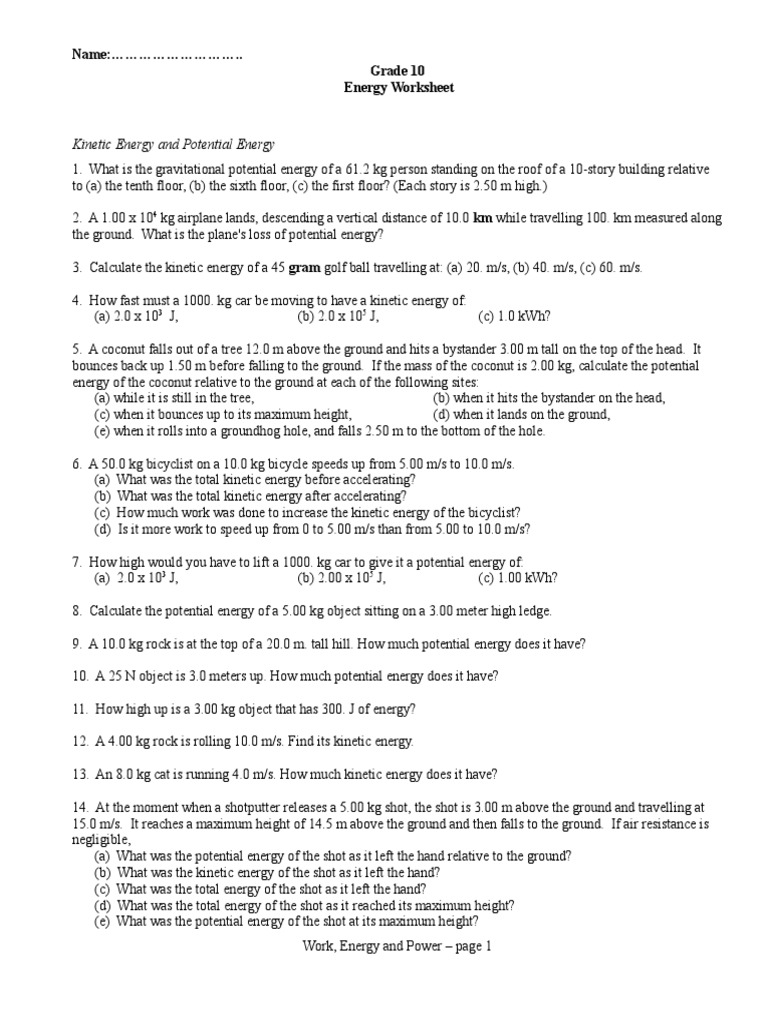 Energy Worksheet | Kinetic Energy | Force