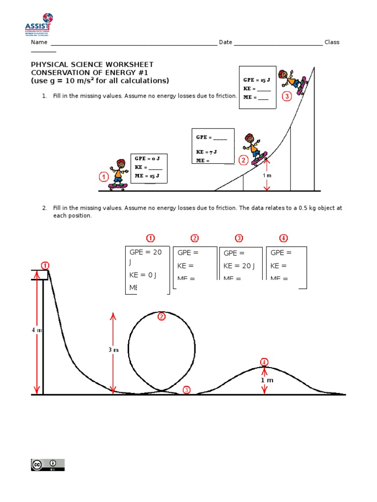 Conservation Of Energy Worksheet 1 1 Pdf Potential Energy Mass
