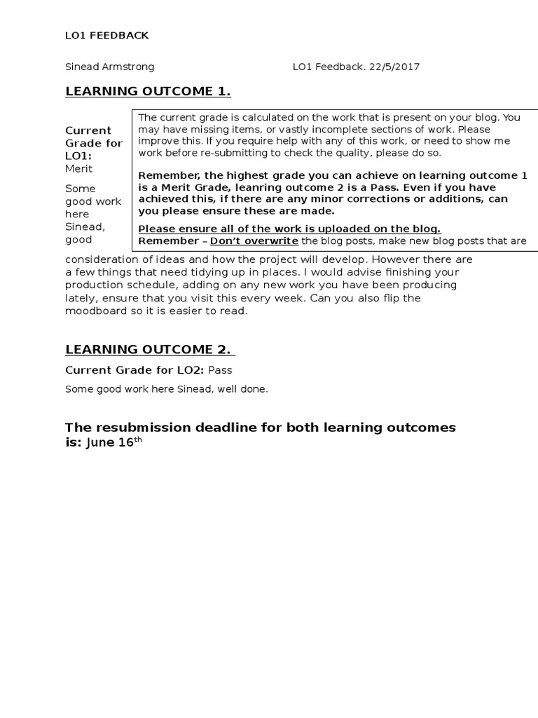 LO1 Feedback and Resubmission Guide | PDF | Cognition | Business