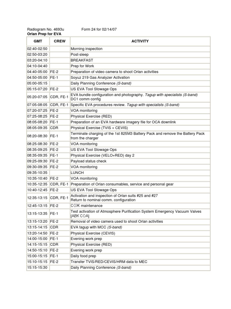 Orlan EVA Preparation Schedule 02/14/07 | PDF | Aerospace Engineering ...