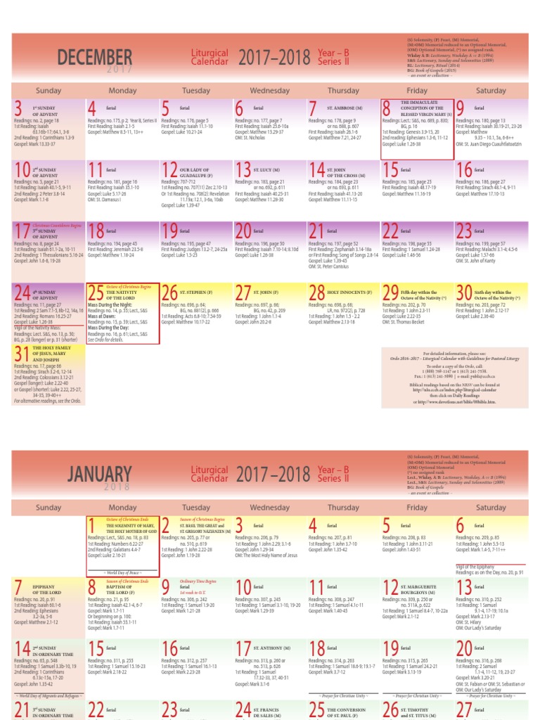 20172018 Liturgical Calendar Year B PDF Lectionary Liturgical Year