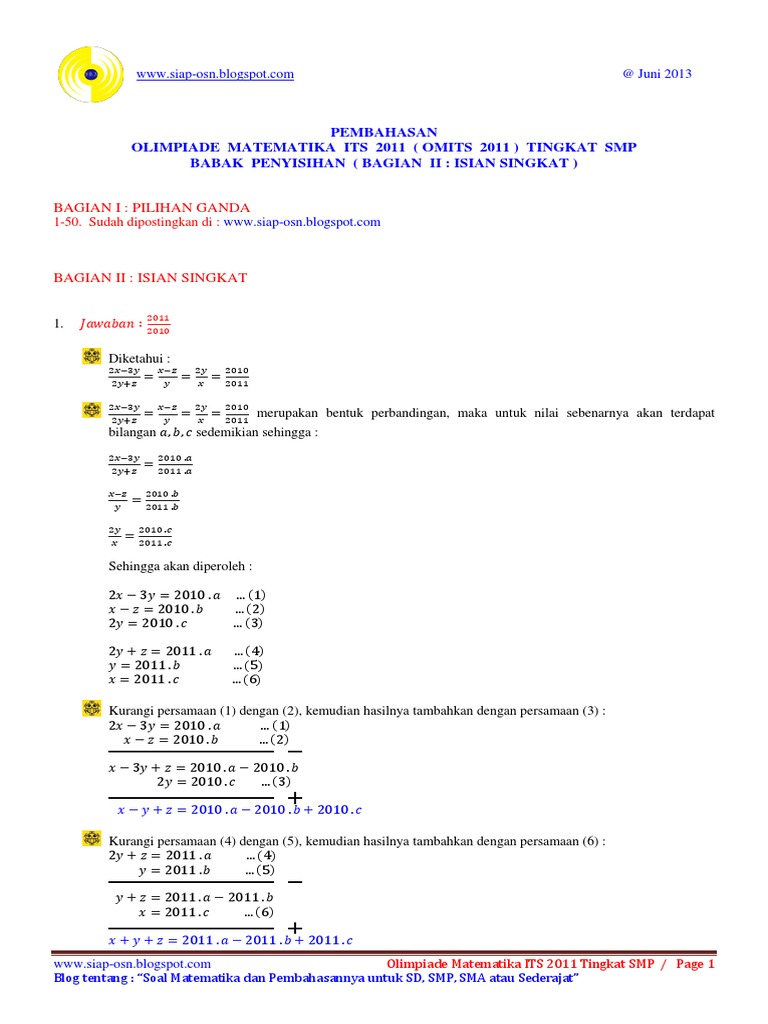 Pembahasan Olimpiade Matematika Its 2011 Tingkat Smp Babak