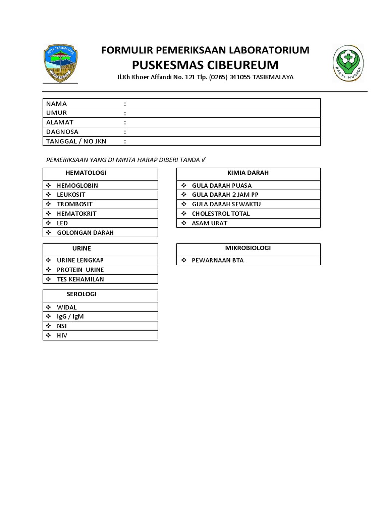 Formulir Pemeriksaan Laboratorium Puskesmas | PDF | Sains & Matematika