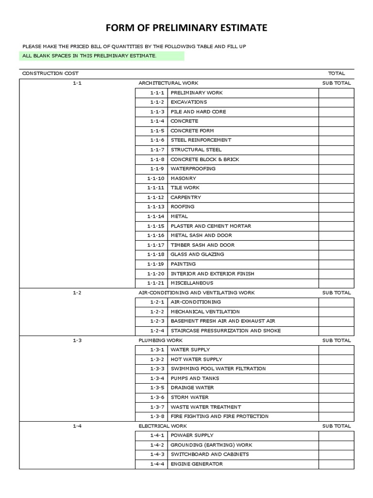 Preliminary Estimate Form for Construction | PDF | Masonry | Concrete