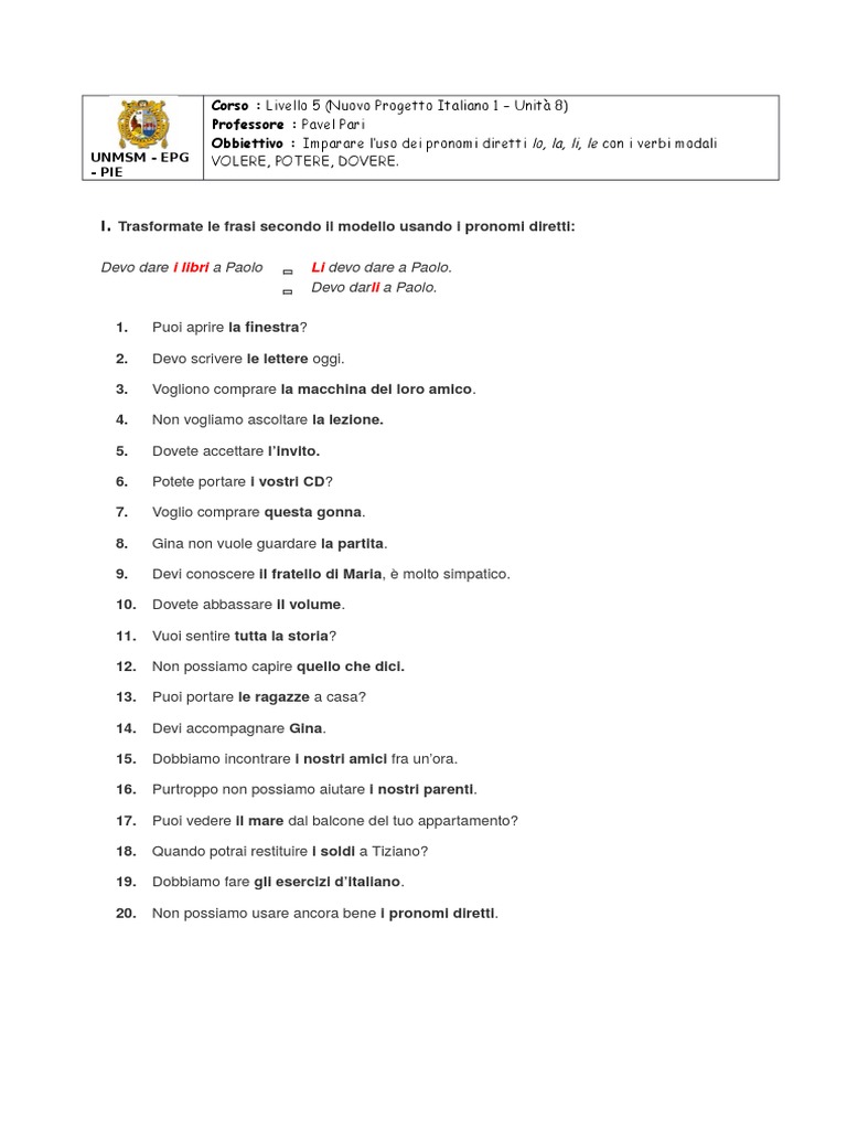Pronomi Diretti E Indiretti Esercizi Pdf