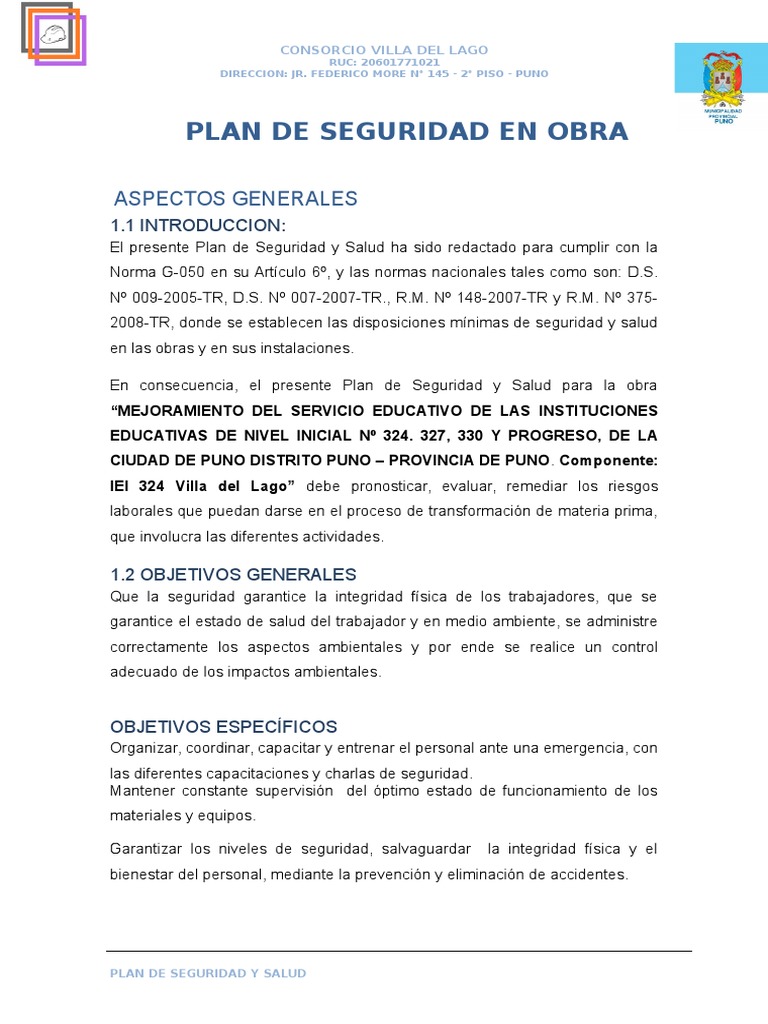 Plan de Seguridad y Salud Ocupacional Villa Del Lago | PDF | Evaluación ...