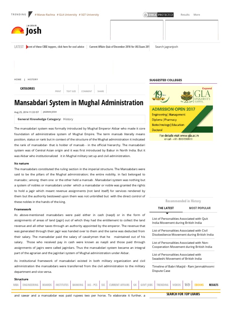 Mansabdari System in Mughal Administration | PDF | Business