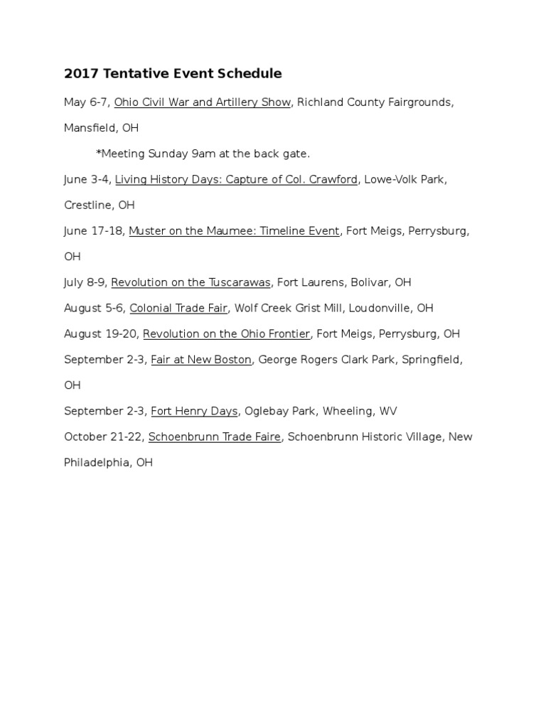 2017 Ohio Historical Events Schedule | PDF