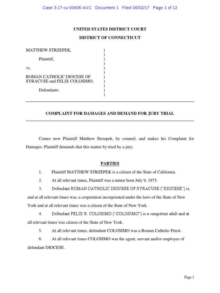 Syracuse Diocese Abuse Lawsuit Filed | PDF | Damages | Catholic Church ...