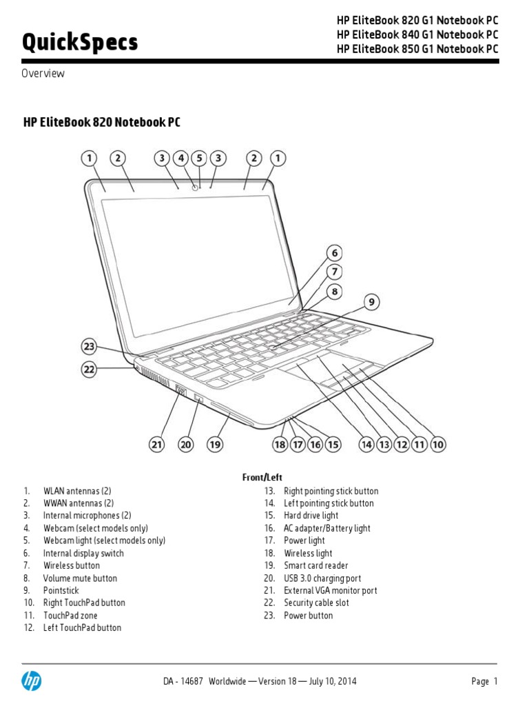 HP EliteBook 840 G1 QuickSpecs Laptop Multi Core Processor