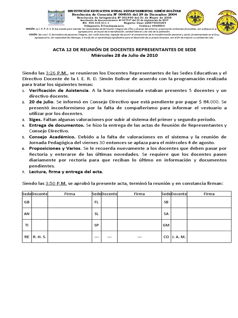 ACTA 12 DE REUNIÓN DE DOCENTES REPRESENTANTES