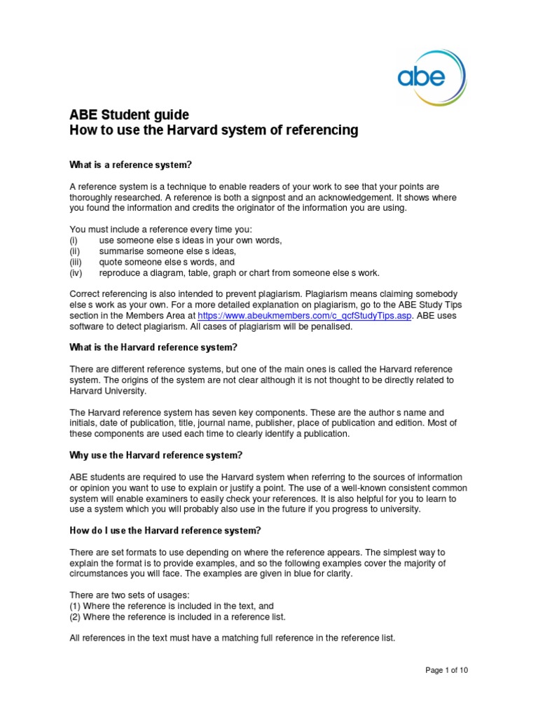 ABE Student Guide How To Use The Harvard System of Referencing | PDF ...