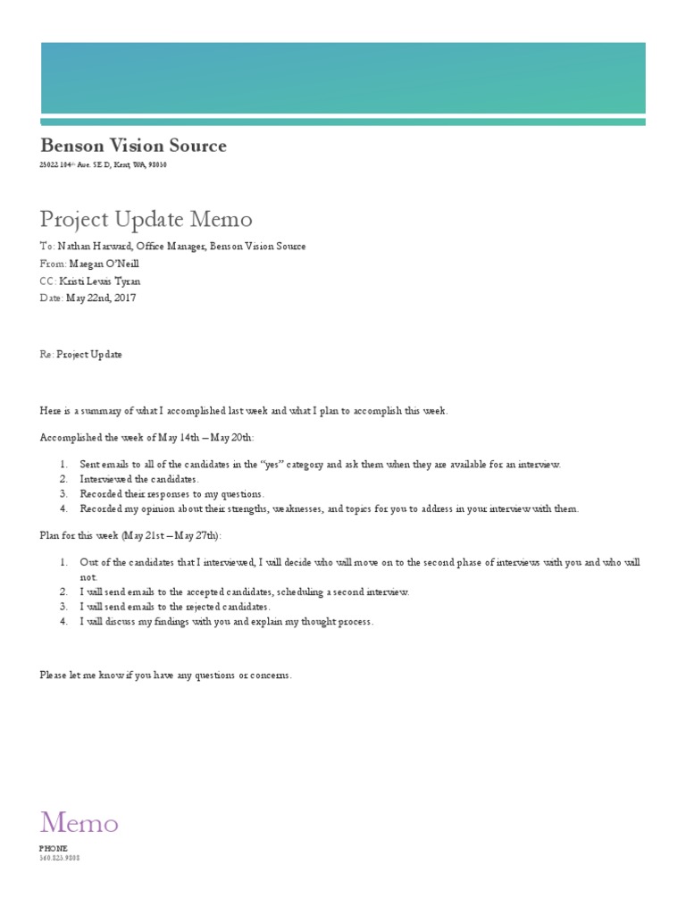 Project Update Memo5 | PDF | Business