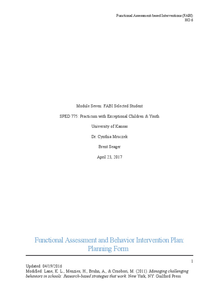 Functional Assessment and Behavior Intervention Plan: Planning Form ...